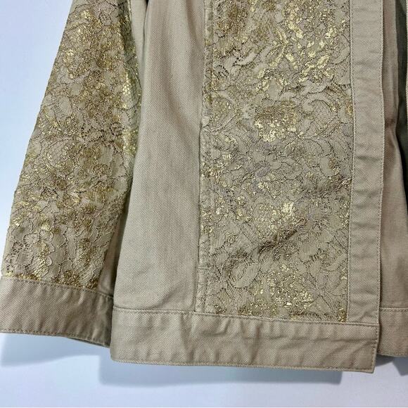 Chico’s Women’s Platinum Khaki Denim Floral Gold Metallic Jacket Size Small EUC - Picture 3 of 8